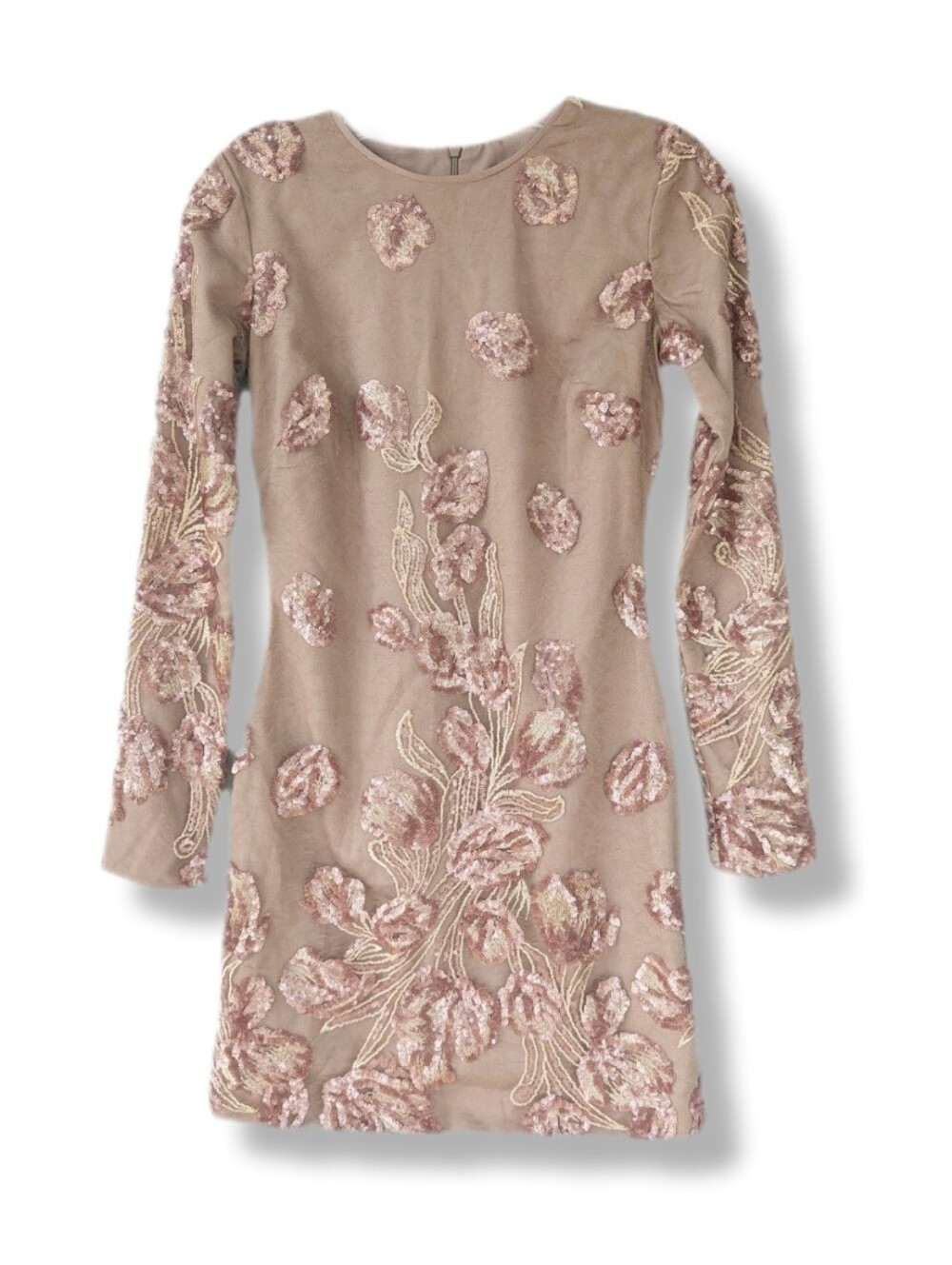 Dress The Population Tan & Copper Sequin Cocktail Long Sleeve Mini Dress